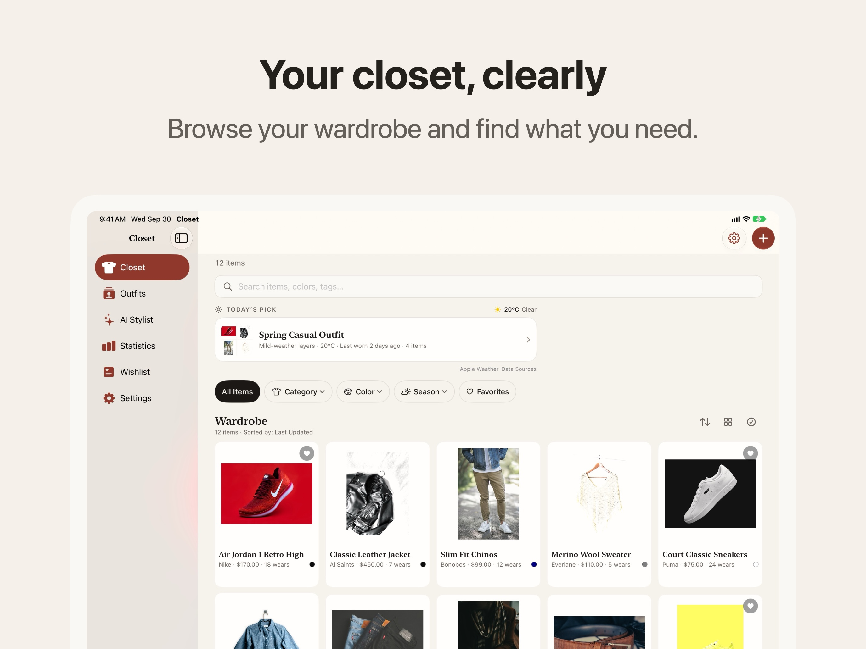 Closet on iPad with native sidebar navigation and a wide photo wardrobe