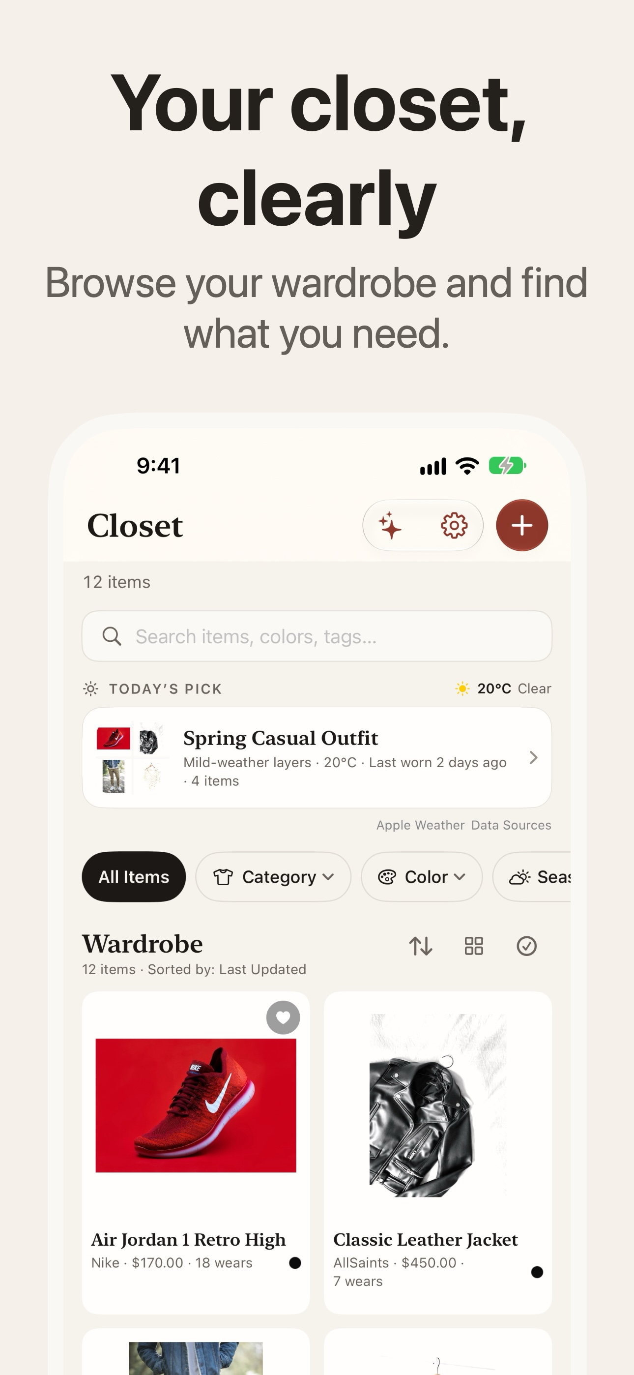 Closet on iPhone with a compact Today’s Pick and the photo wardrobe directly below it
