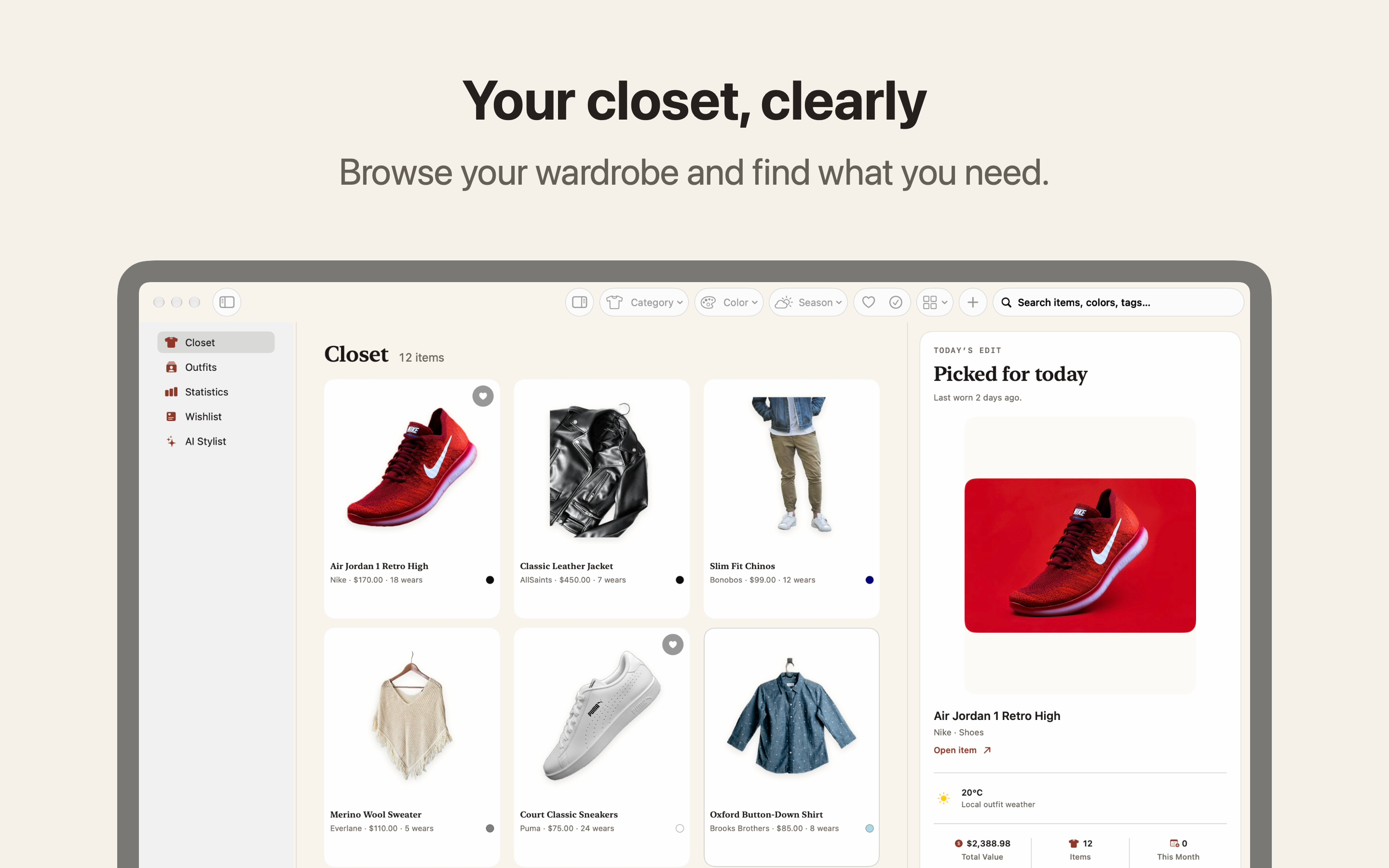 Closet on Mac showing a photo wardrobe with a leather jacket, knitwear, sneakers and item wear history