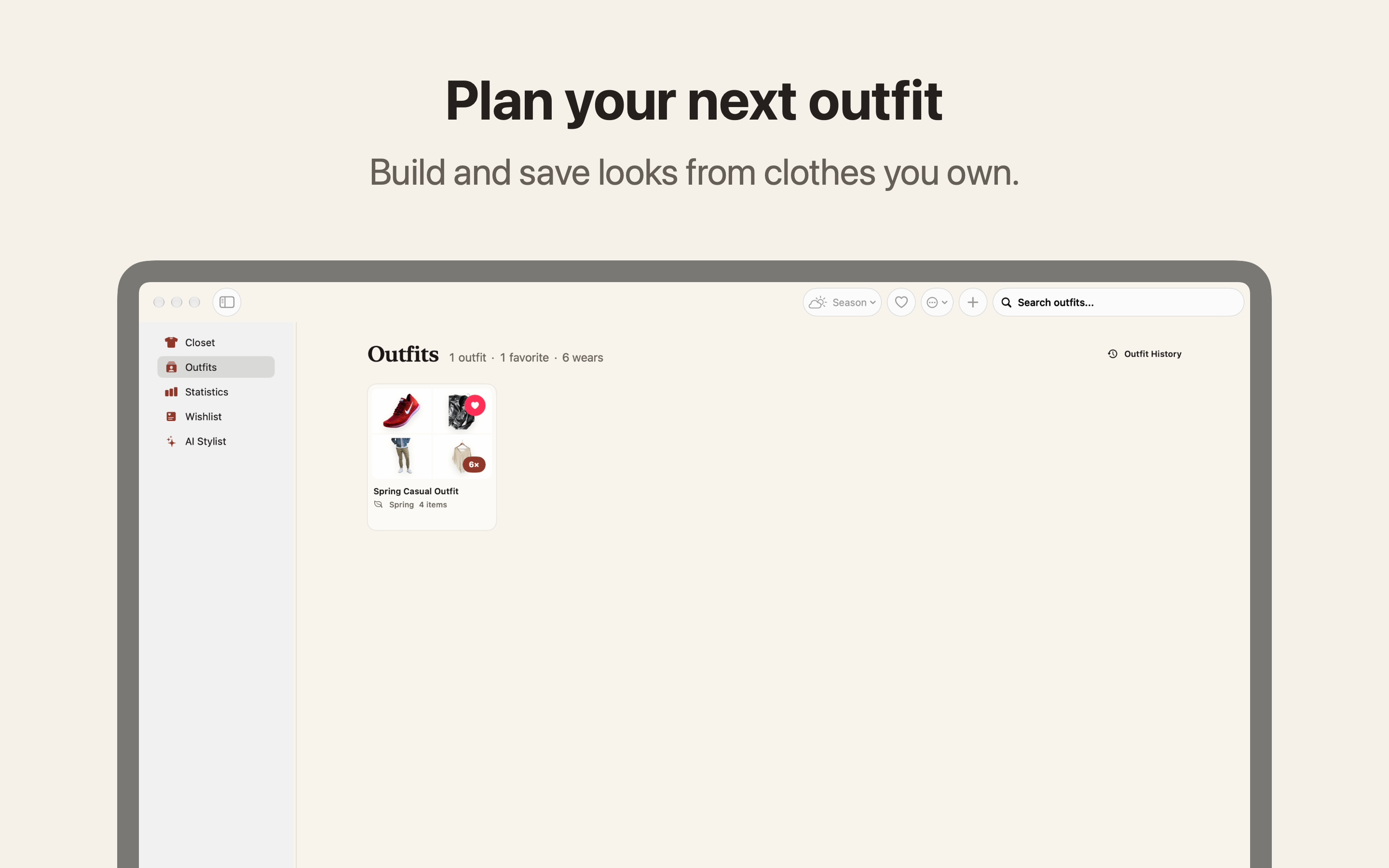 Closet on Mac showing saved outfits made from sample wardrobe pieces