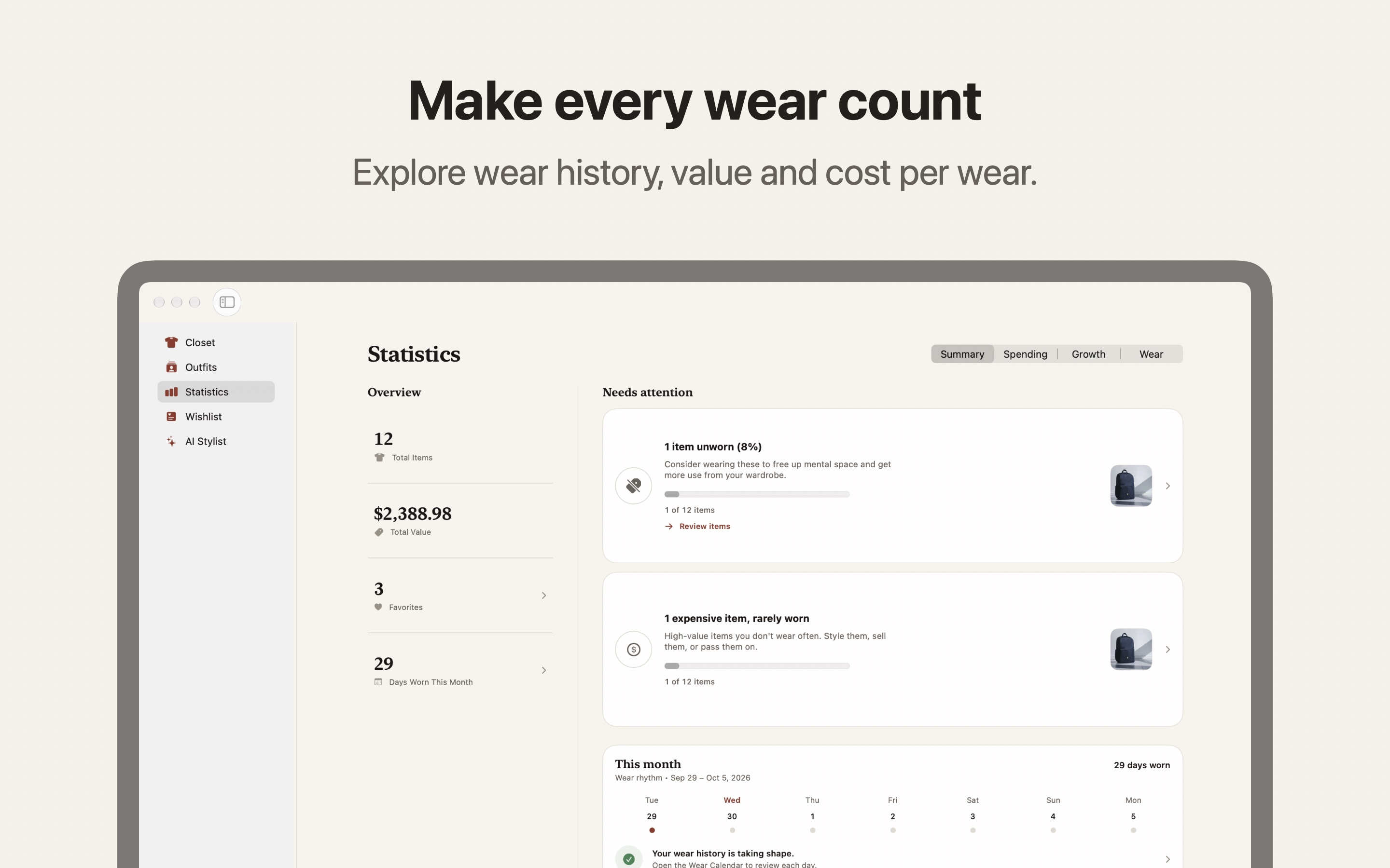 Closet’s Mac Statistics screen showing wardrobe value and spending insights