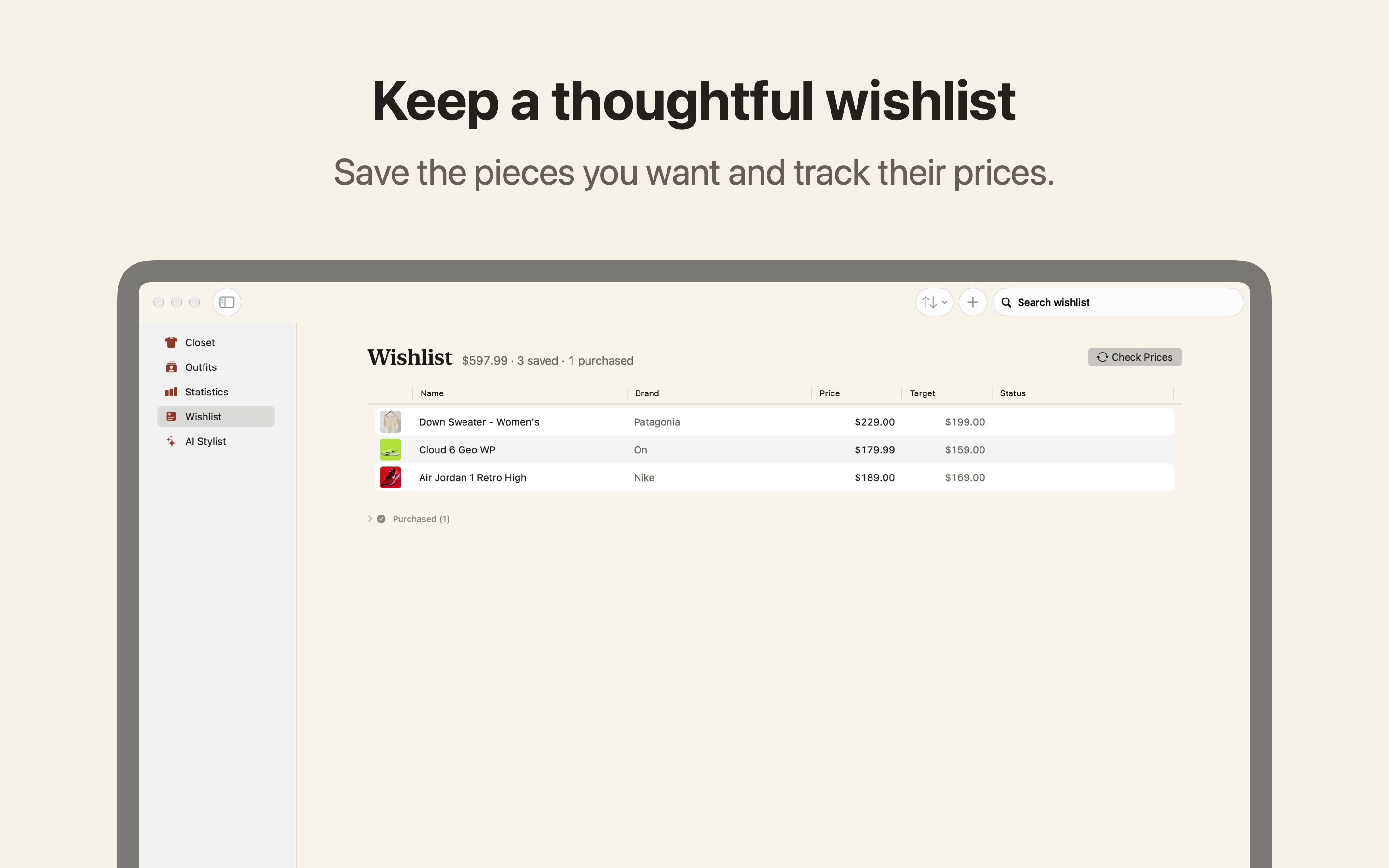 Closet’s Mac Wishlist screen with sample saved products and their prices